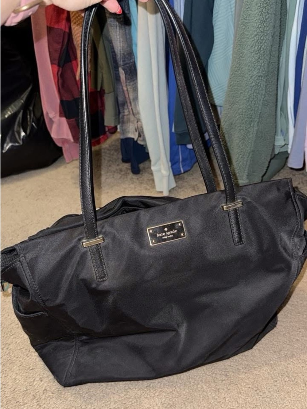 kate spade Black Nylon Shoulder Tote with Gold Plaque